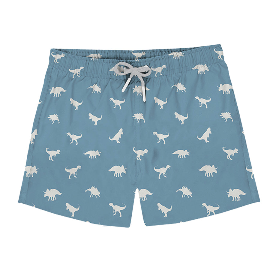 Children Slipfree Blue Swim Short White Dinosaur Pattern